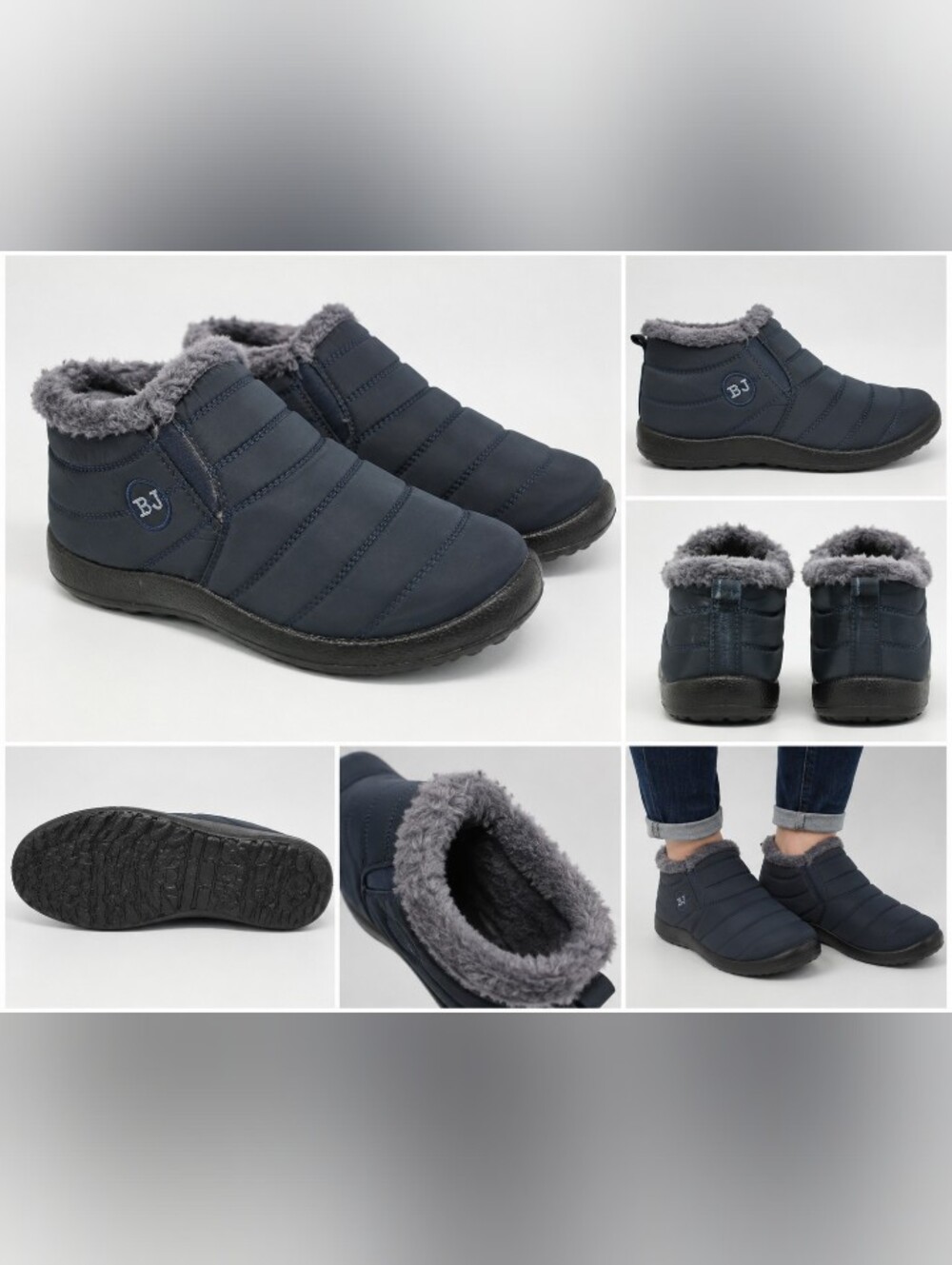 bj women's navy gray quilted faux fur lined winter ankle boots size 9M 40